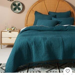 Anthropologie Kantha-Stitched Nevin Teal Queen Quilt & 2 Euro Shams